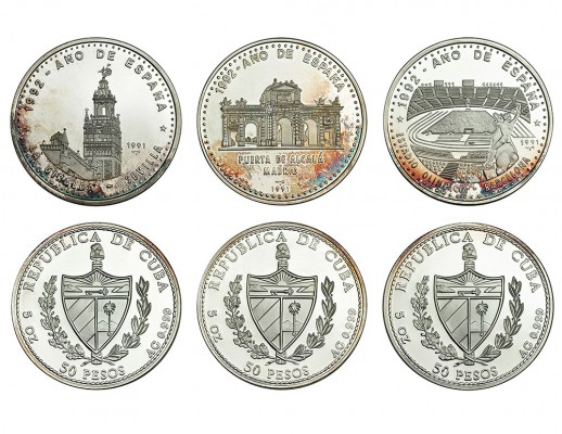 CUBA. Lote de 3 monedas. 50 pesos. 1991. Año de España. Estadio Olímpico, puerta...
