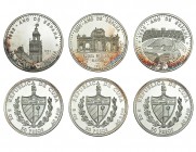 CUBA. Lote de 3 monedas. 50 pesos. 1991. Año de España. Estadio Olímpico, puerta de Alcalá y Giralda. KM-343, 356 y 357. SC.