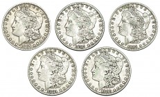 ESTADOS UNIDOS DE AMÉRICA. Lote de 5 monedas. 1 dólar. 1881, 1883, 1884-O y 1889-O. MBC-/MBC.