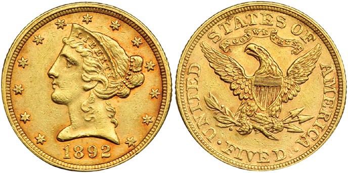 ESTADOS UNIDOS DE AMÉRICA. 5 dólares. 1892. KM-101. EBC.
