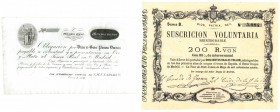 CARLOS V Y VII. 16 pesos duros, 1835, Tesoro Real; 100 y 200 reales de vellón, 1870, I emisión de Rour de Peilz. Total 3 billetes, Plancha.