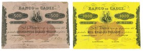 BANCO DE CÁDIZ. III emisión. S/F. 100, 500 y 1000 reales de vellón. Total 3 billetes. ED-A74, 76 y 77. MBC- y EBC+.