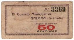 BILLETES MUNICIPALES. Galera (Granada). Consejo Municipal. 50 céntimos. 10-1937. MBC. Muy escasa.