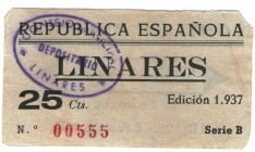 BILLETES MUNICIPALES. Linares (Jaén). 25 céntimos y 1 peseta, S/F; 25 céntimos, 2-1937. Total 3 billetes. MBC. Muy escasa.