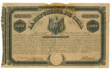 LA REPÚBLICA DE CUBA. 500 pesos. Empréstito de 20 millones. 1869. 28 x 17 cm. Roturas. BC+.