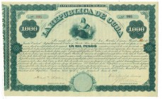 LA REPÚBLICA DE CUBA. 1000 pesos. Empréstito de 20 millones. 1869. 27,5 x 17 cm. Pequeño punto de óxido. EBC.