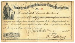 LA REPÚBLICA DE CUBA. Junta Central República de Cuba y Puerto Rico. Recibo convertible en bonos. 16 pesos. 1870. MBC.