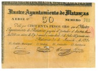 LA REPÚBLICA DE CUBA. Ayuntamiento de Matanzas. 50 pesos oro. 1880. Pequeñas roturas por oxidación. MBC+. Escaso.