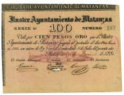LA REPÚBLICA DE CUBA. Ayuntamiento de Matanzas. 100 pesos oro. 1880. Pequeñas rotura por oxidación de la tinta. MBC+. Escasa.