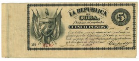 LA REPÚBLICA DE CUBA. 5 pesos. 1869. Con fecha y firma. ED-CU29 y Pick-59. MBC+.
