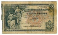 BANCO ESPAÑOL DE LA HABANA. El Tesoro de la Isla de Cuba. 5 pesos. 1891. ED-CU60. Pick-39. BC.