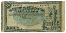 BANCO ESPAÑOL DE LA HABANA. El Tesoro de la Isla de Cuba. 10 pesos. 1891. ED-CU61. Pick-40. Pequeñas roturas. BC-.