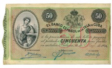 BANCO ESPAÑOL DE LA HABANA. 50 pesos . 1896. Sellado en rev.: “PLATA” en colo rojo. ED-CU71. Pick-50. EBC+.