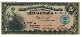 EL BANCO ESPAÑOL FILIPINO. 5 pesos. 1908. ED.F23, Pick-1. MBC-.