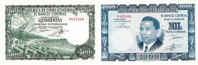 REPÚBLICA DE GUINEA ECUATORIAL. Lote de 3 billetes. Banco Central. 100, 500 y 1000 pesetas guineanas. 10-1969. Sin serie. Plancha.