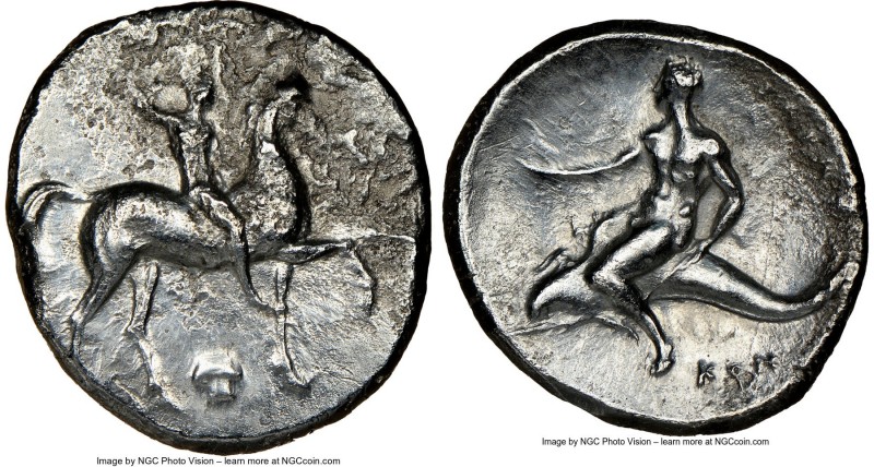 CALABRIA. Tarentum. Ca. 302-281 BC. AR nomos or didrachm (22mm, 9h). NGC Fine. S...
