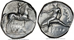 CALABRIA. Tarentum. Ca. early 3rd century BC. AR stater or didrachm (21mm, 11h). NGC VF, scratches. Ca. 302-280 BC. Cratinus, Aga- and Ior-, magistrat...