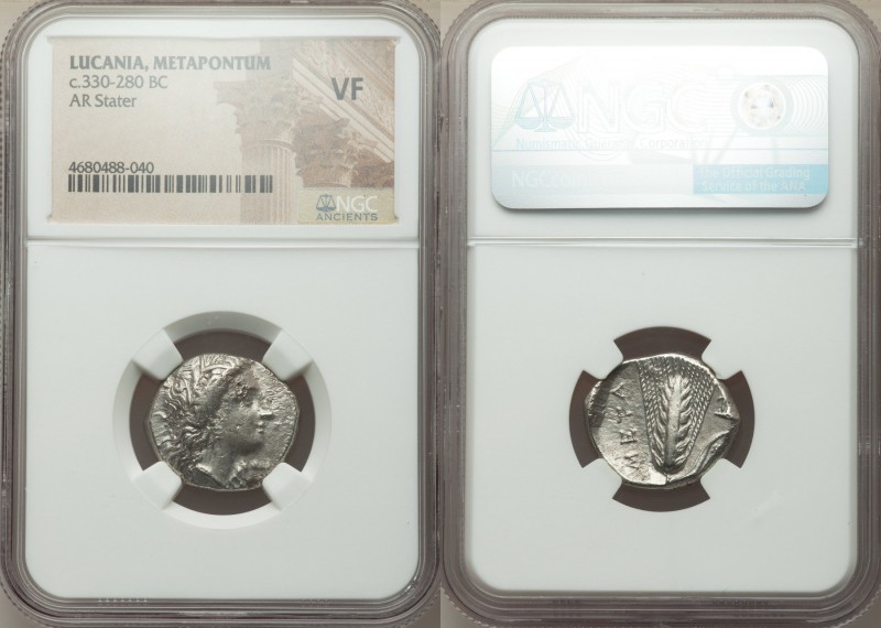 LUCANIA. Metapontum. Ca. 330-280 BC. AR stater (21mm, 12h). NGC VF. Head of Deme...