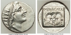 CARIAN ISLANDS. Rhodes. Ca. 88-84 BC. AR drachm (15mm, 2.61 gm, 1h). Choice XF. Plinthophoric standard, Nicagoras, magistrate. Radiate head of Helios ...
