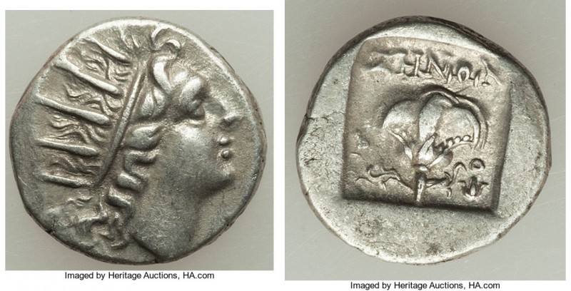 CARIAN ISLANDS. Rhodes. Ca. 88-84 BC. AR drachm (15mm, 2.53 gm, 12h). XF. Plinth...