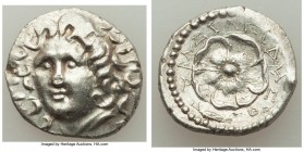 CARIAN ISLANDS. Rhodes. Ca. 84-30 BC. AR drachm (17mm, 3.91 gm, 12h). AU. Basileidas, magistrate. Radiate head of Helios facing, turned slightly left,...