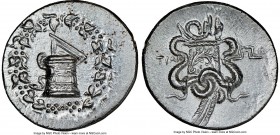 LYDIA. Tralles. Ca. 166-128 BC. AR cistophorus (29mm, 12.69 gm, 12h). NGC MS 5/5 - 3/5. Ca. 166-160 BC. Serpent emerging from cista mystica; all withi...