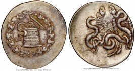 PHRYGIA. Apameia. Ca. 166-133 BC. AR cistophorus (32mm, 12h). NGC Choice XF. Ca. 150-140 BC. Serpent emerging from cista mystica; all within ivy wreat...