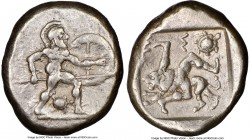 PAMPHYLIA. Aspendus. Ca. mid-5th century BC. AR stater (21mm, 5h). NGC Choice VF. Helmeted nude hoplite warrior advancing right, shield in left hand, ...