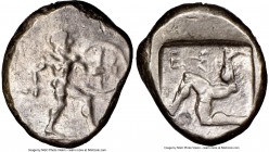 PAMPHYLIA. Aspendus. Ca. mid-5th century BC. AR stater (22mm, 1h). NGC Choice VF. Helmeted nude hoplite warrior advancing right, shield in left hand, ...