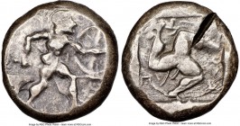 PAMPHYLIA. Aspendus. Ca. mid-5th century BC. AR stater (20mm, 8h). NGC VF, test cut. Helmeted nude hoplite warrior advancing right, shield in left han...