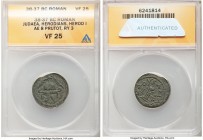 JUDAEA. Herodians. Herod I the Great (40-4 BC). AE 8-prutot (22mm, 1h). ANACS VF 25. Samarian mint, dated Regnal Year 3 (38/7 BC). Facing helmet with ...