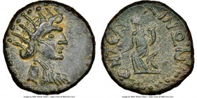 SICILY. Entella. Under Roman Rule. Ca. mid-late 1st century BC. AE (22mm, 12h). NGC AU. Radiate, draped bust of Helios right / ЄΝΤЄΛ-ΛΙΝΩΝ, Tyche seat...