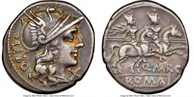 Q. Marcius Libo (ca. 148 BC). AR denarius (19mm, 11h). NGC Choice VF, scratches. Rome. LIBO, head of Roma right, wearing winged Attic helmet decorated...