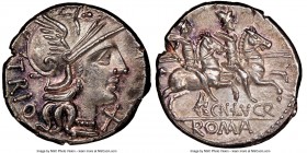 Cn. Lucretius Trio (ca. 136 BC). AR denarius (18mm, 3.86 gm, 5h). NGC MS 5/5 - 4/5. Rome. TRIO, head of Roma right, wearing winged helmet decorated wi...