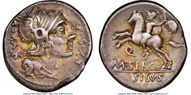 M. Sergius Silus (116-115 BC). AR denarius (19mm, 5h). NGC VF. Rome, special quaestorian issue. EX•S•C, head of Roma right, wearing winged helmet deco...