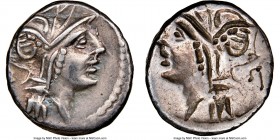 D. Silanus L.f. (ca. 91 BC). AR denarius (17mm, 12h). NGC Choice VF, brockage. Rome. Head of Roma right wearing winged helmet decorated with griffin c...