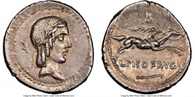 L. Calpurnius Piso Frugi (90 BC). AR denarius (20mm, 3.83 gm, 7h). NGC Choice AU 5/5 - 4/5. Rome. Laureate head of Apollo right; animal leg(?) behind ...