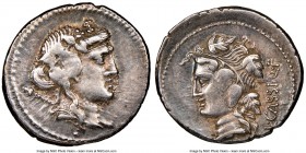 L. Cassius Q.f. Longinus (ca. 75 BC). AR denarius (19mm, 6h). NGC VF. Head of Liber (or Bacchus) right, wearing ivy wreath; thyrsus over shoulder / L•...