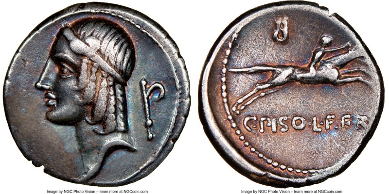 C. Calpurnius Piso L.f. Frugi (67 or 61 BC). AR denarius (17mm, 3.93 gm, 4h). NG...
