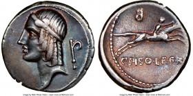 C. Calpurnius Piso L.f. Frugi (67 or 61 BC). AR denarius (17mm, 3.93 gm, 4h). NGC XF 5/5 - 3/5, edge cut, scratch. Diademed head of Apollo left, harpa...