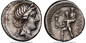 Julius Caesar, as Dictator (49-44 BC). AR denarius (16mm, 7h). NGC VF. Military mint moving with Caesar in North Africa, 48-46 BC. Diademed head of Ve...