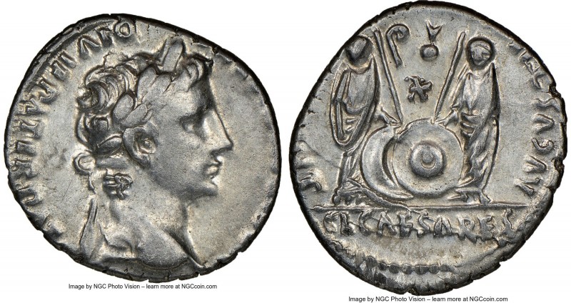 Augustus (27 BC-AD 14). AR denarius (18mm, 1h). NGC XF. Lugdunum, 2 BC-AD 4. CAE...