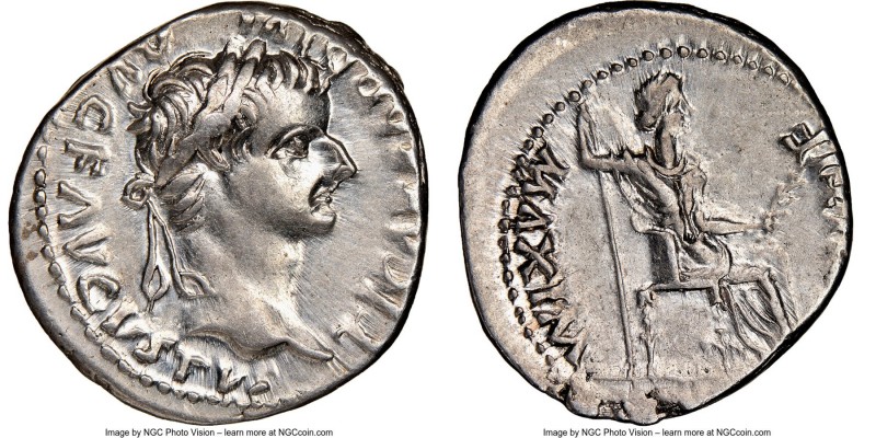 Tiberius, as Augustus (AD 14-37). AR denarius (19mm, 3.79 gm, 4h). NGC Choice XF...