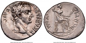 Tiberius, as Augustus (AD 14-37). AR denarius (19mm, 12h). NGC XF. Lugdunum. TI CAESAR DIVI-AVG F AVGVSTVS, laureate head of Tiberius right / PONTIF-M...