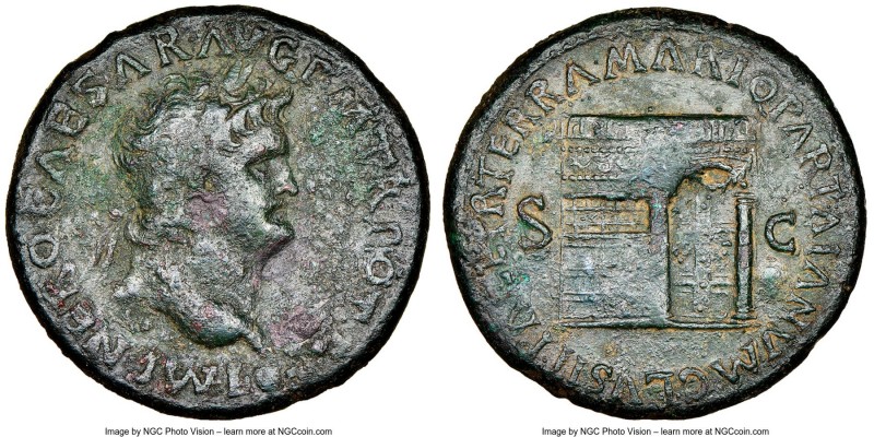 Nero (AD 54-68). AE sestertius (34mm, 25.44 gm, 6h). NGC VF 5/5 - 2/5. Lugdunum,...