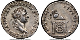 Domitian, as Caesar (AD 81-96). AR denarius (17mm, 7h). NGC XF. Rome, AD 80-81. CAESAR DIVI F DOMITIANVS COS VII, laureate head of Domitian right / PR...