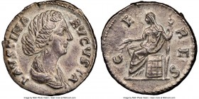 Faustina Junior (AD 147-175/6). AR denarius (18mm, 2h). NGC AU. Rome, AD 170-175/6. FAVSTINA-AVGVSTA, draped bust of Faustina Junior right, seen from ...