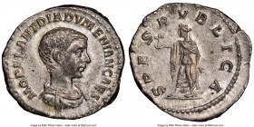 Diadumenian, as Caesar (AD 218). AR denarius (20mm, 3.62 gm, 5h). NGC AU 5/5 - 4/5. Rome, AD 218. M OPEL ANT DIADVMENIAN CAES, bare headed, draped and...