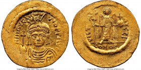 Maurice Tiberius (AD 582-602). AV solidus (22mm, 4.48 gm, 7h). NGC MS 4/5 - 3/5, brushed. Constantinople, 10th officina. o N mAVRC-TIb PP AVG, draped ...