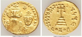 Constans II Pogonatus (AD 641-668), and Constantine IV. AV solidus (20mm, 4.31 gm, 7h). VF, clipped, graffiti. Constantinople, 5th officina. ca. AD 65...